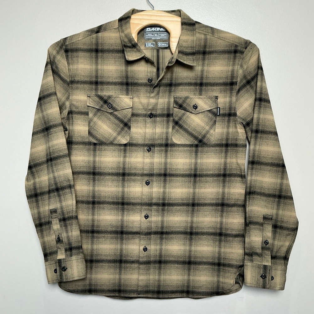 Dakine Flannel Shirt Mens XL Tan Black Plaid Stretch Odor Control EUC